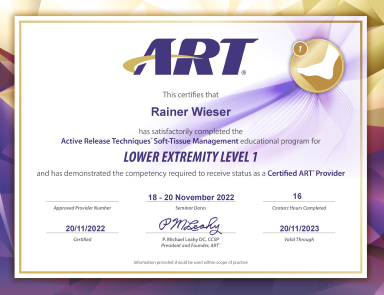 Dr Wieser has been awarded the ART Certificate for Lower Extremity